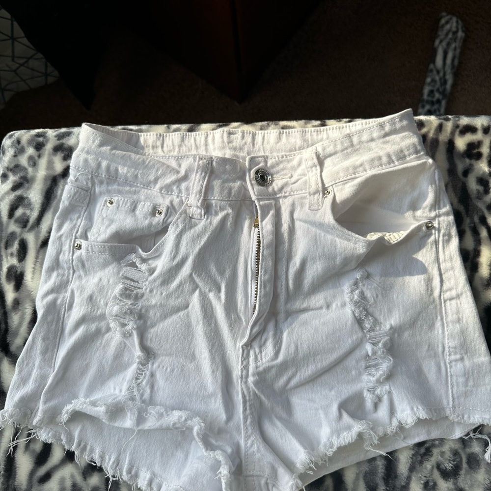 SHEIN White Jean Shorts Distressed Frayed Hem